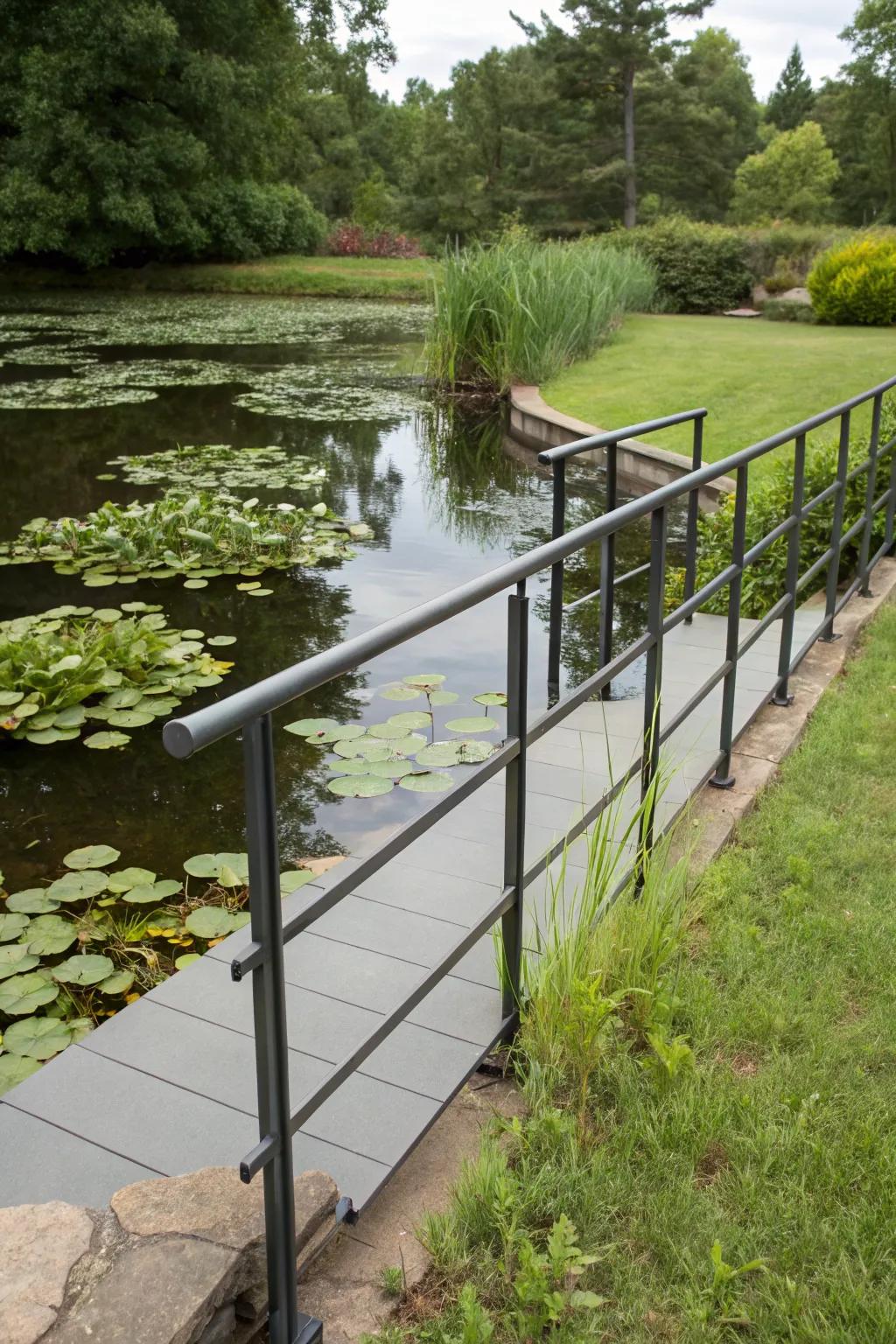 Create a tranquil retreat with rebar railings near water features.
