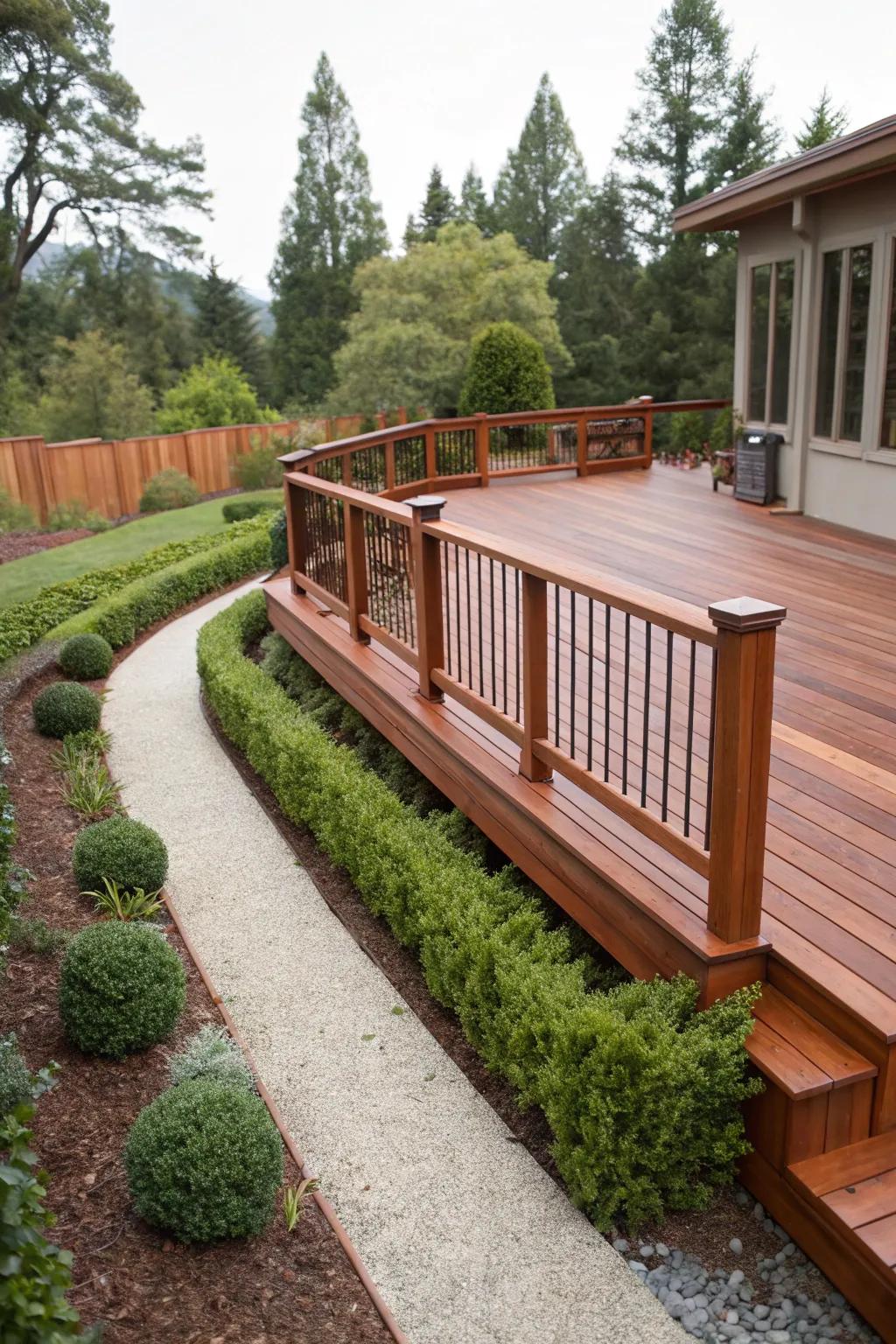 Sleek and seamless: hidden fasteners in redwood railings.