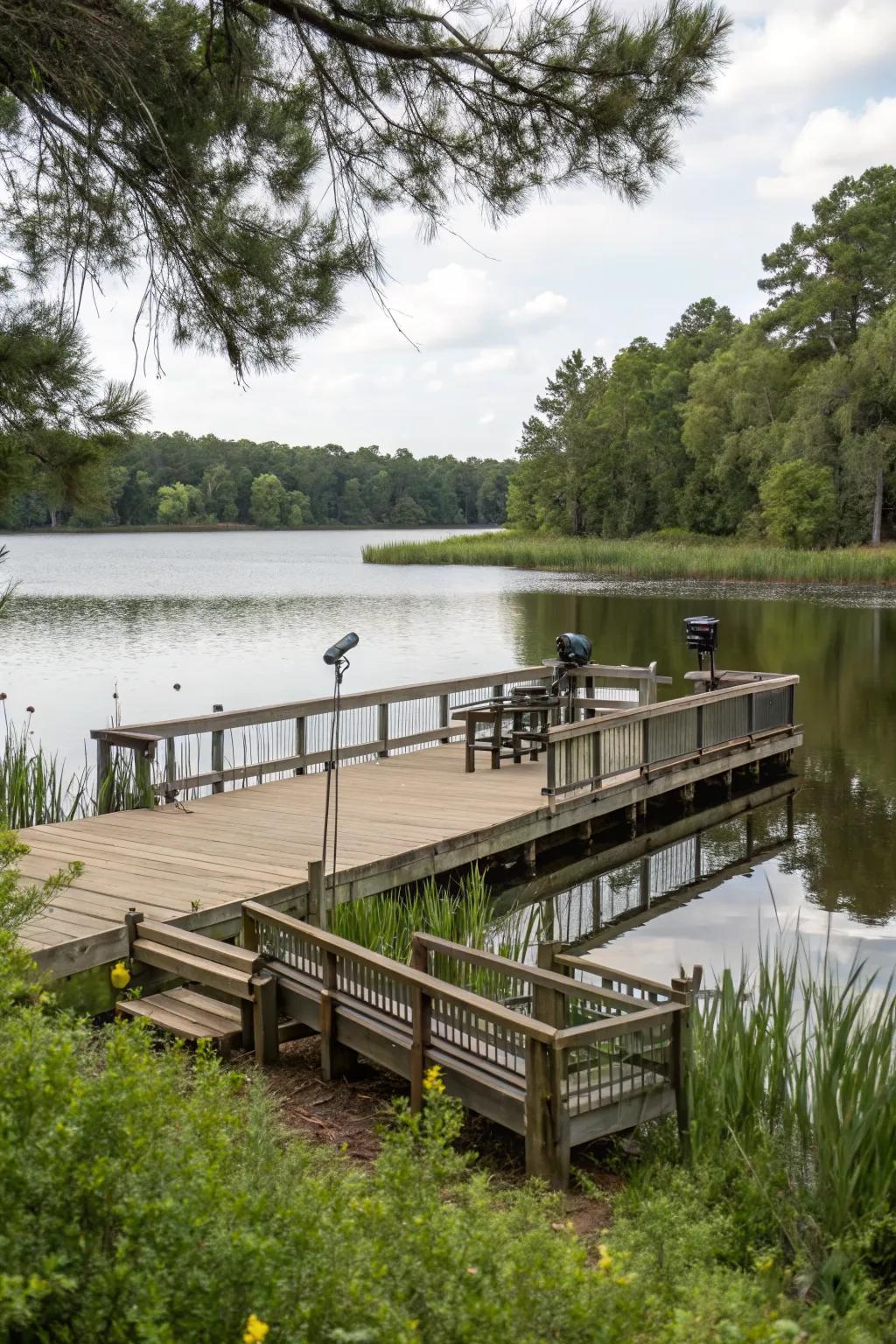 A wildlife observation area on a residential lake dock, perfect for nature lovers.