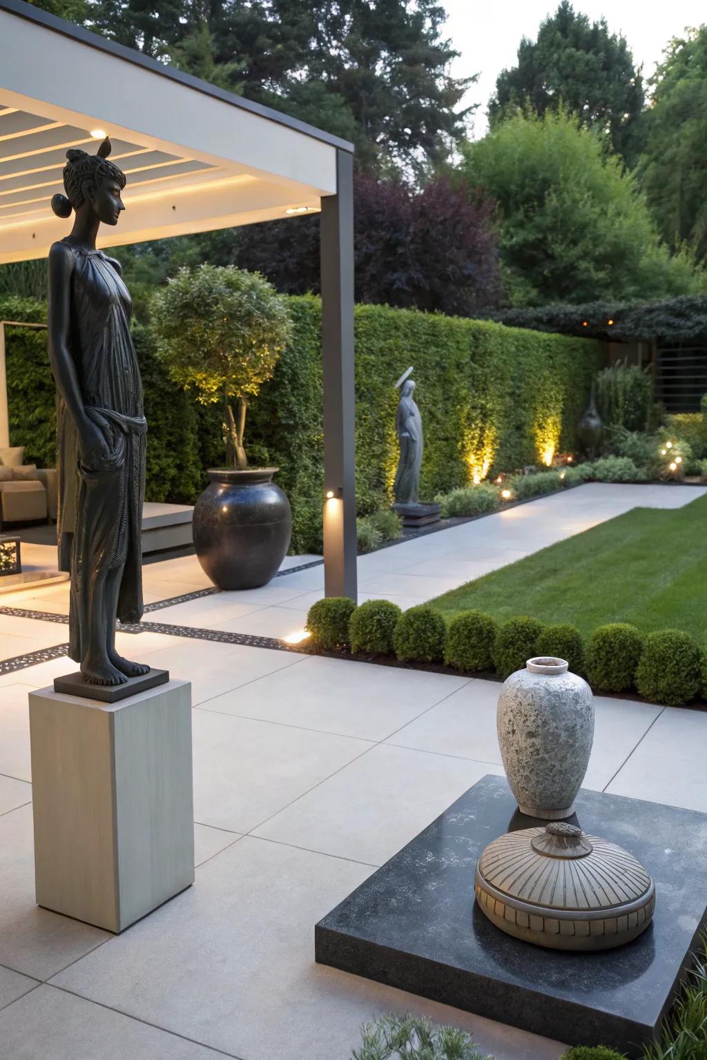 A stylish resin patio enhanced by modern sculptures.