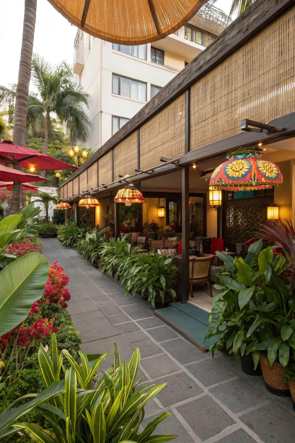 A tropical-themed patio with bamboo shades.