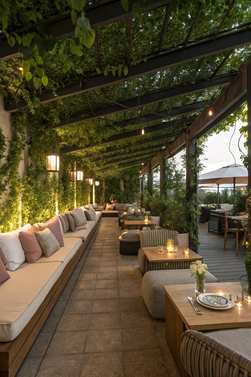 A pergola lounge area invites relaxation and enjoyment.