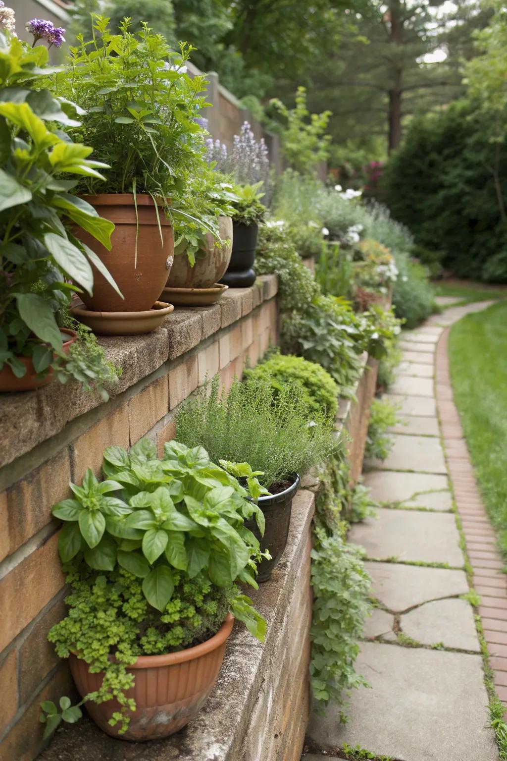A retaining wall lined with vibrant edible plants and herbs.
