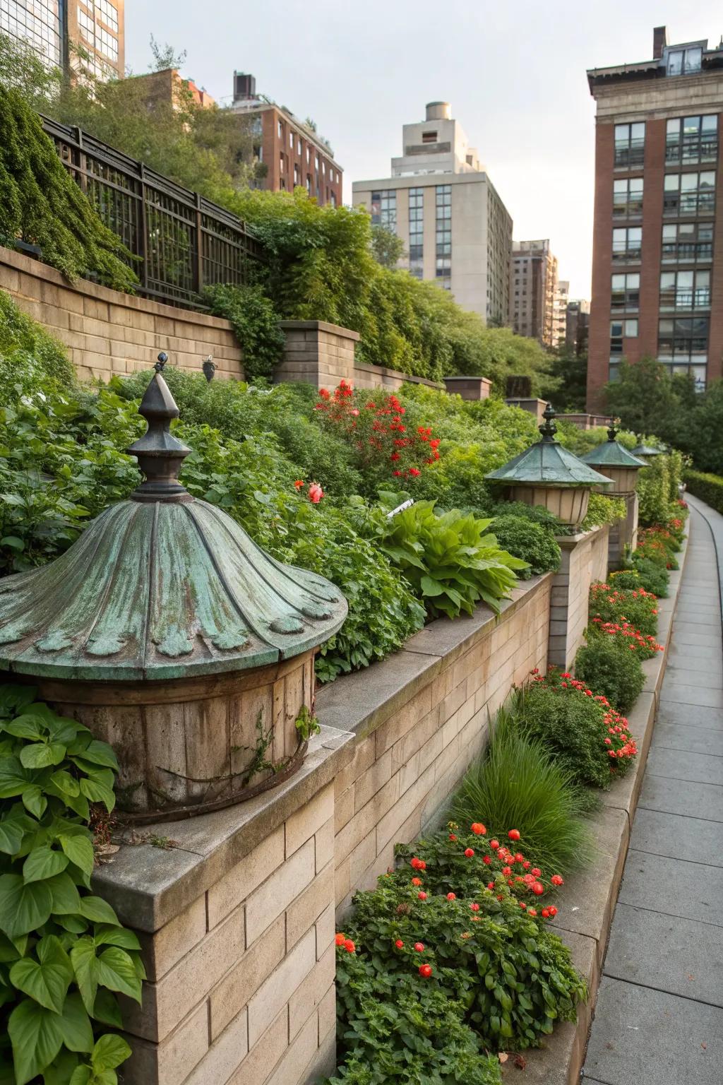 Weathered metal caps add industrial charm to gardens.