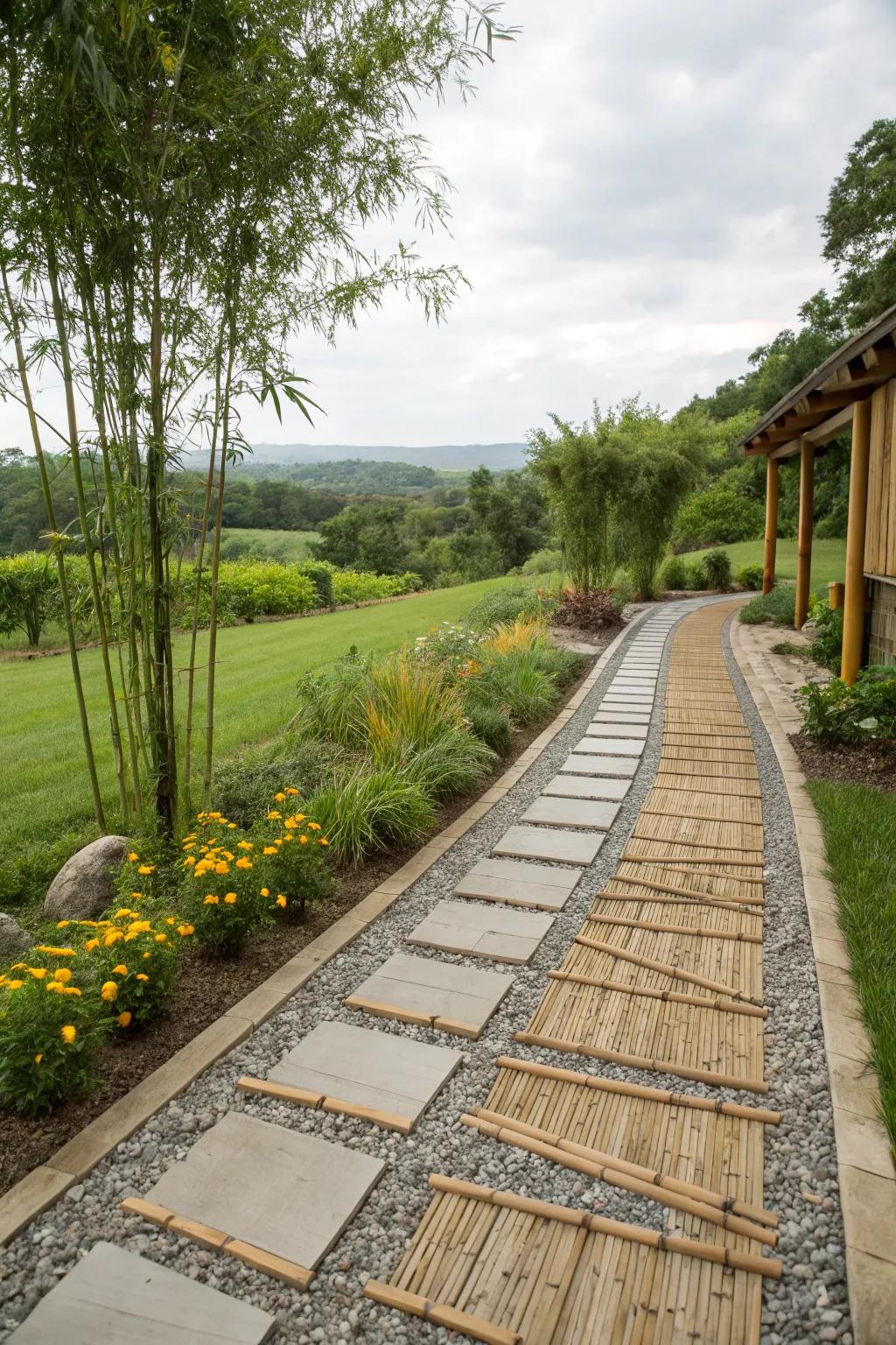 An eco-luxe ribbon driveway with bamboo and gravel strips and a wildflower center.