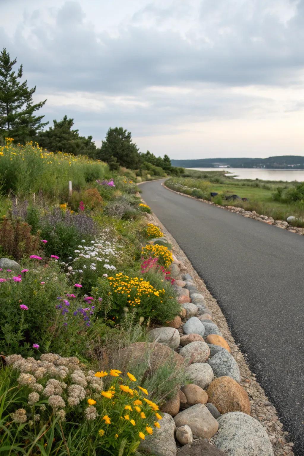 Meadow-inspired driveway border with river rocks and wildflowers.