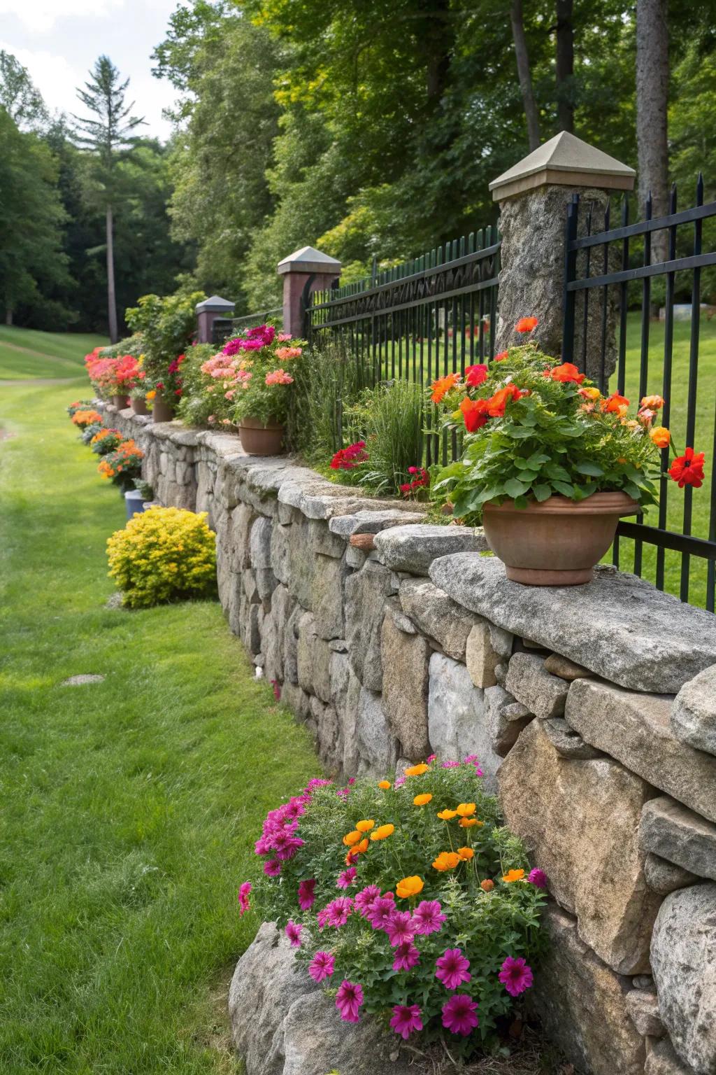 A vibrant rock fence with built-in planters for seasonal blooms.
