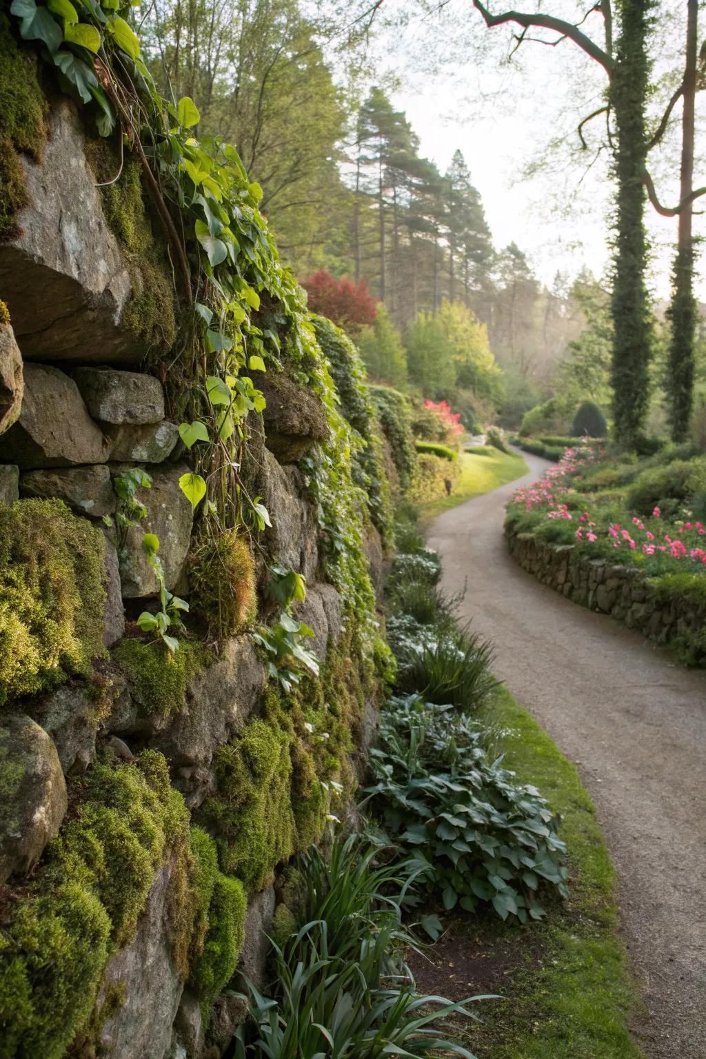 Blending rock walls with nature creates enchanting gardens.