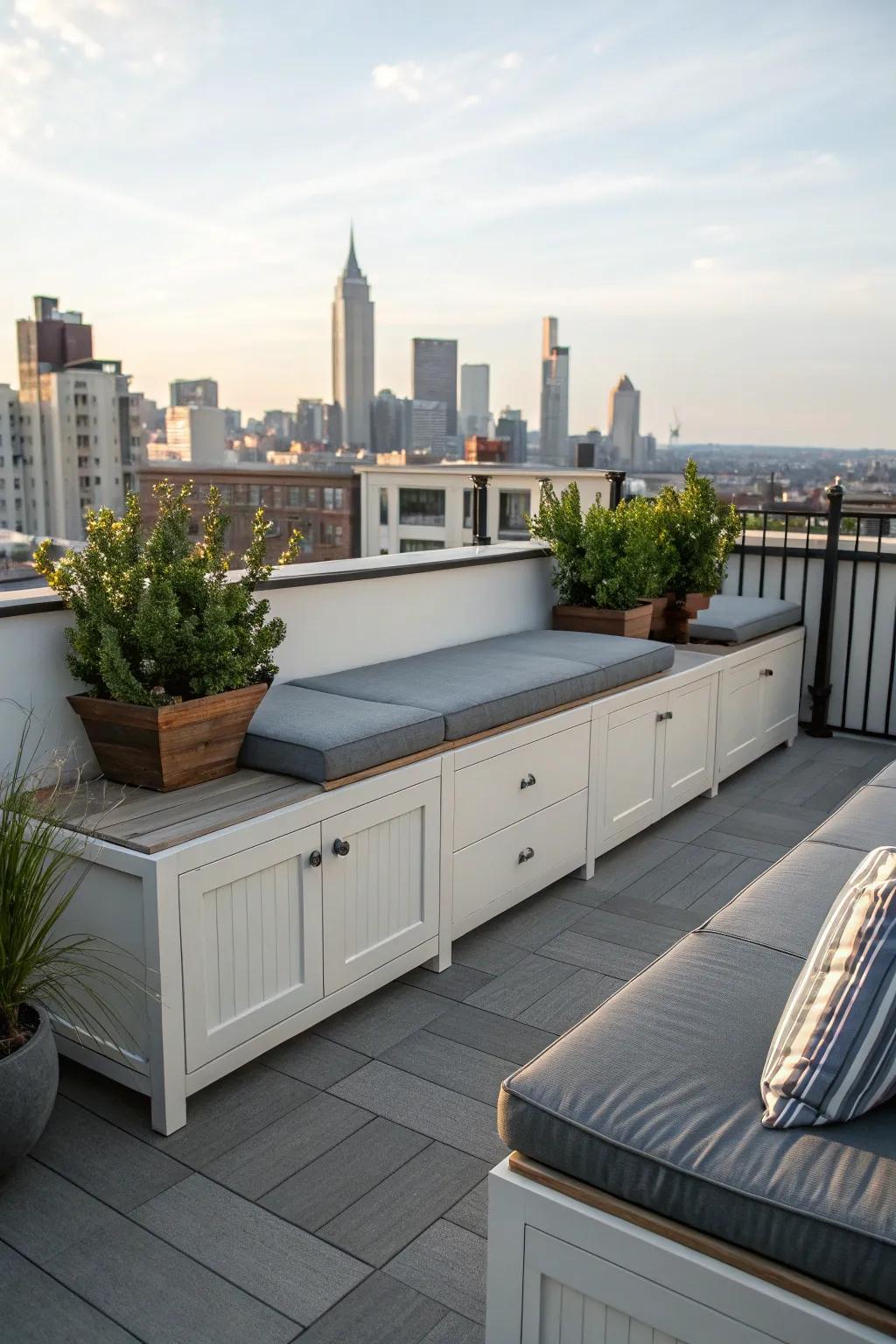 Functional storage solutions help maintain a tidy and stylish rooftop.