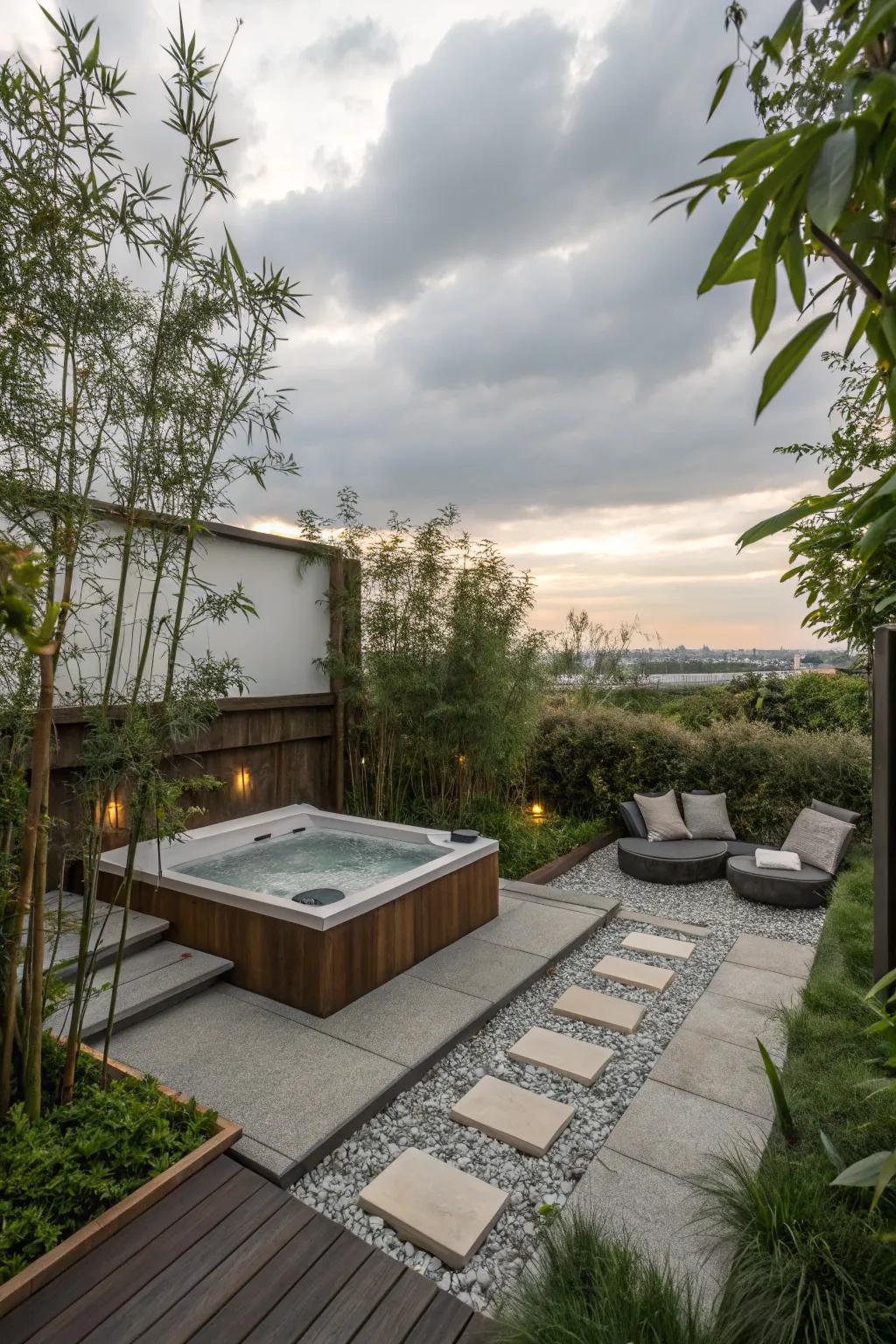 Find peace with a rooftop jacuzzi nestled in a zen garden.