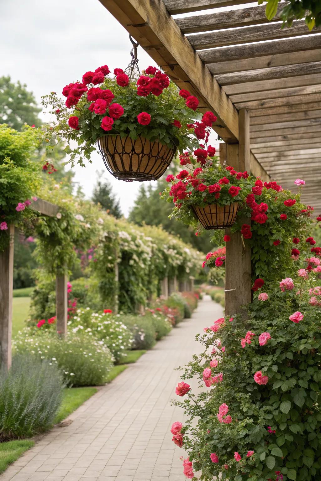 Hanging baskets offering a unique vertical rose display.