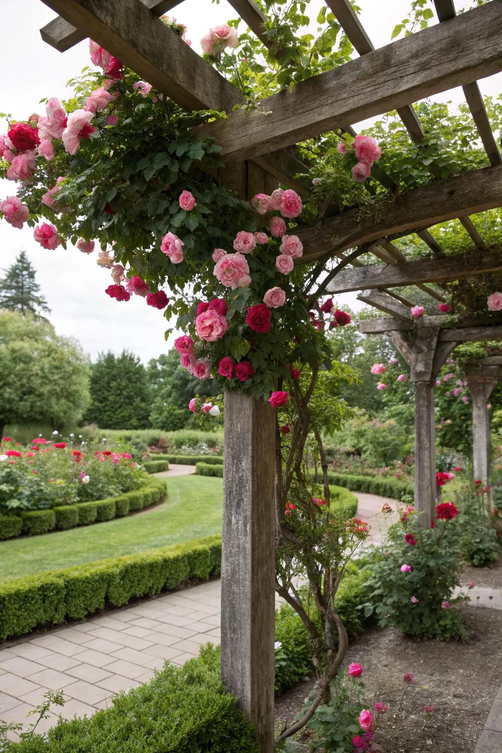 A rose-covered pergola becomes the star feature of any garden.