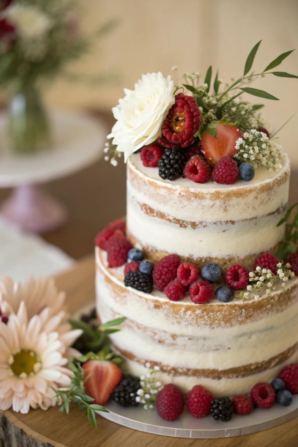 A stunning naked cake perfect for a rustic backyard wedding.