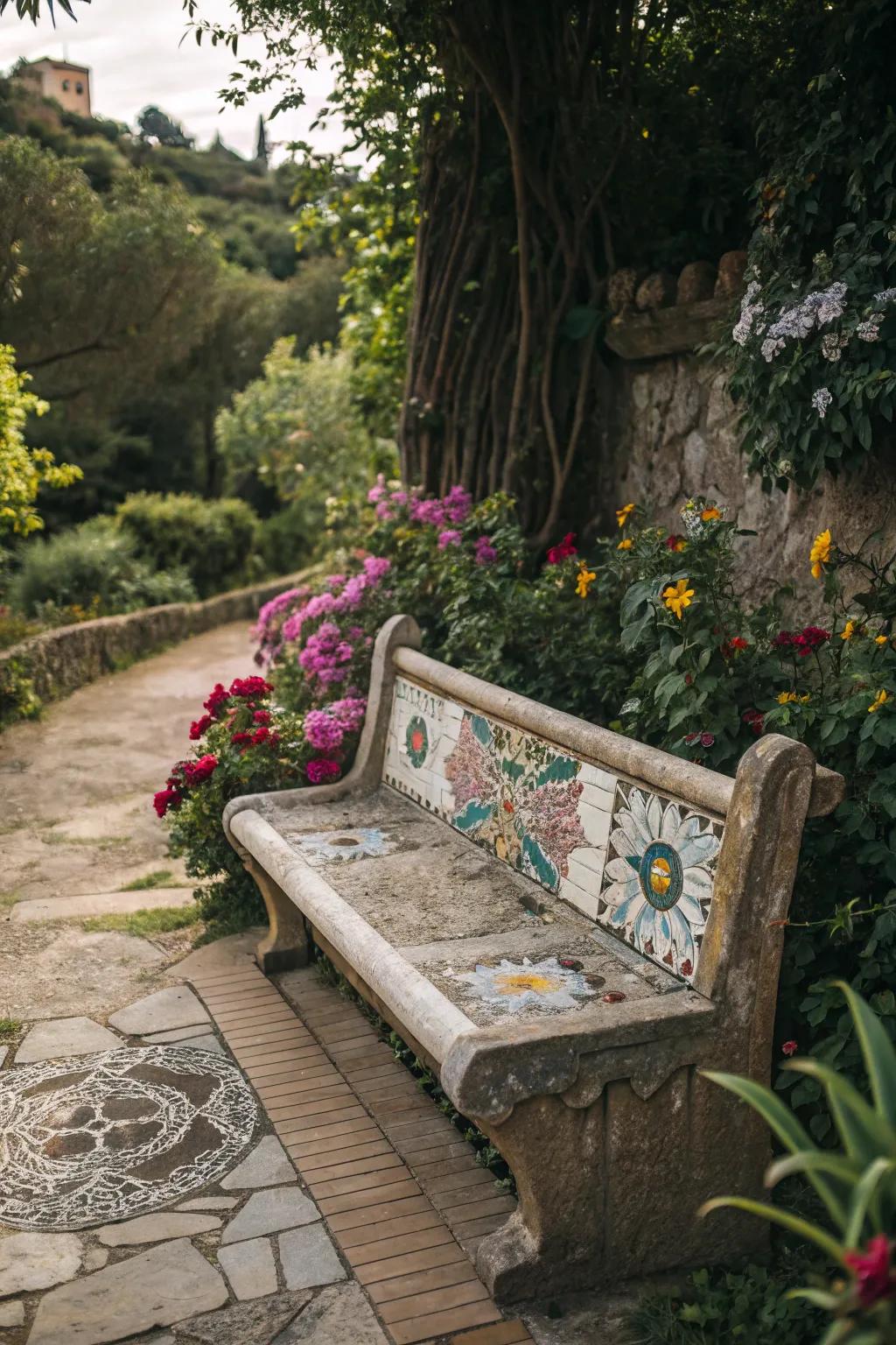 Transform your bench into a piece of art with mosaic tiling.