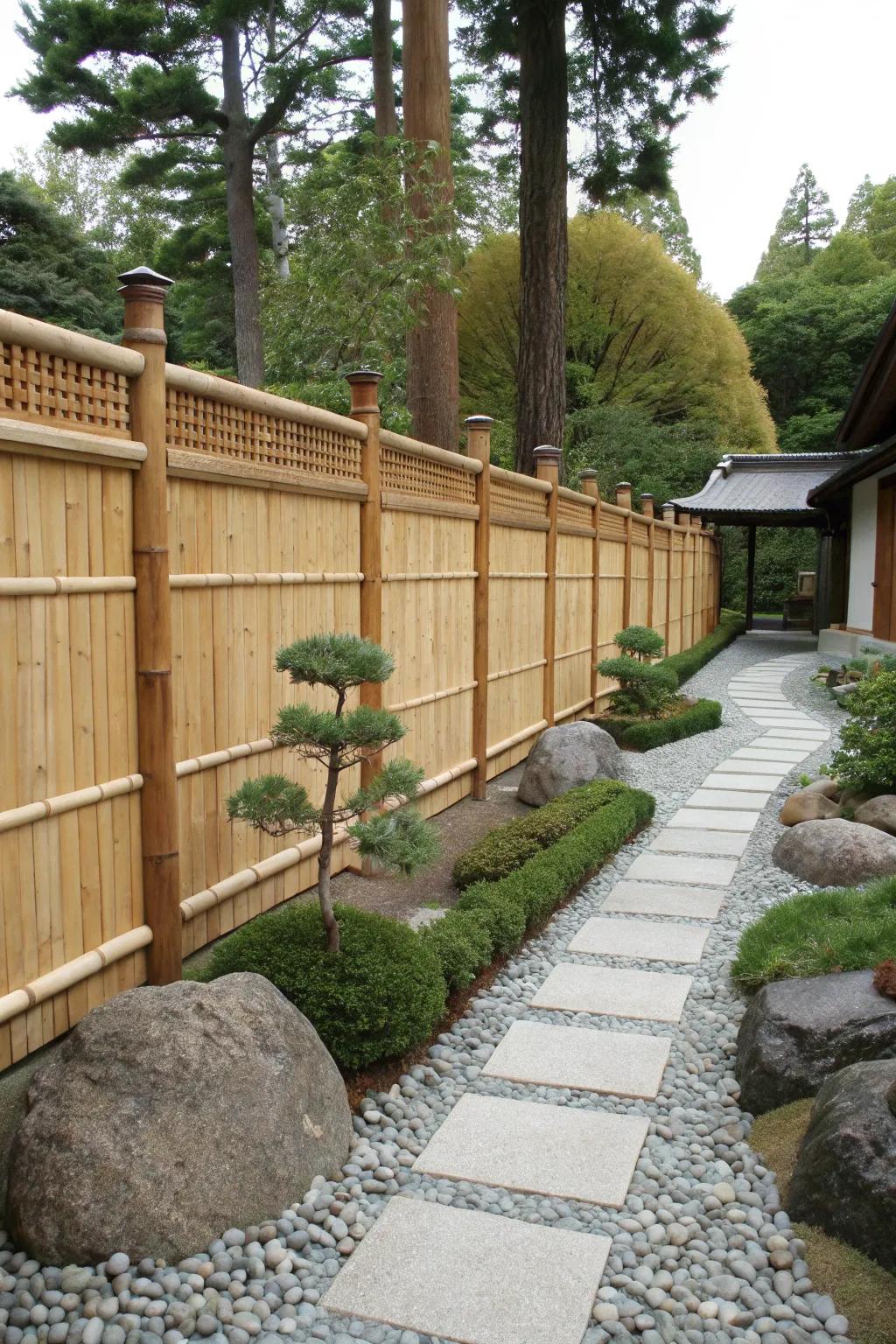 A cedar and bamboo fence creating an exotic vibe.