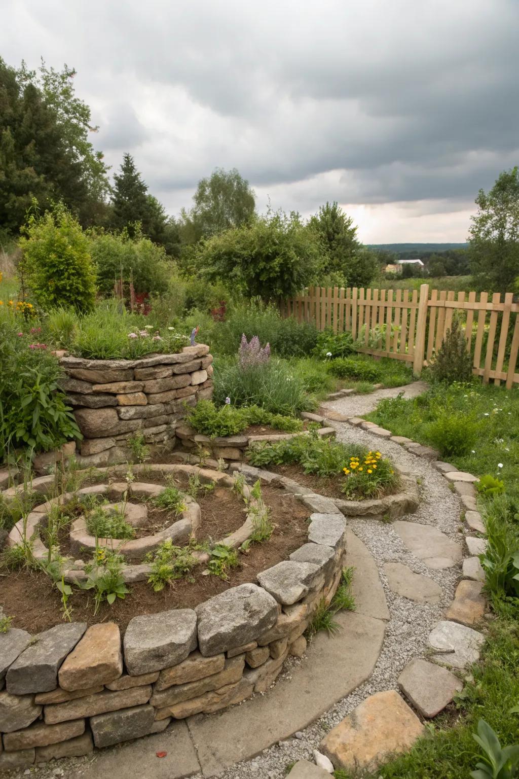 A stone herb spiral combines functionality with rustic beauty.