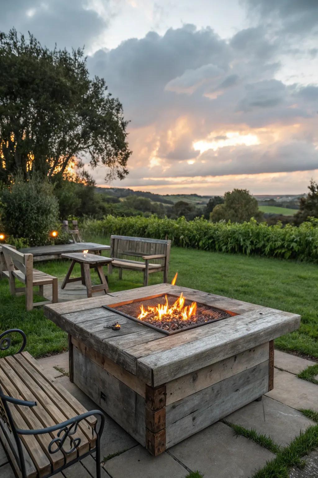 A rustic fire table offers a modern twist with a spot for drinks and snacks.