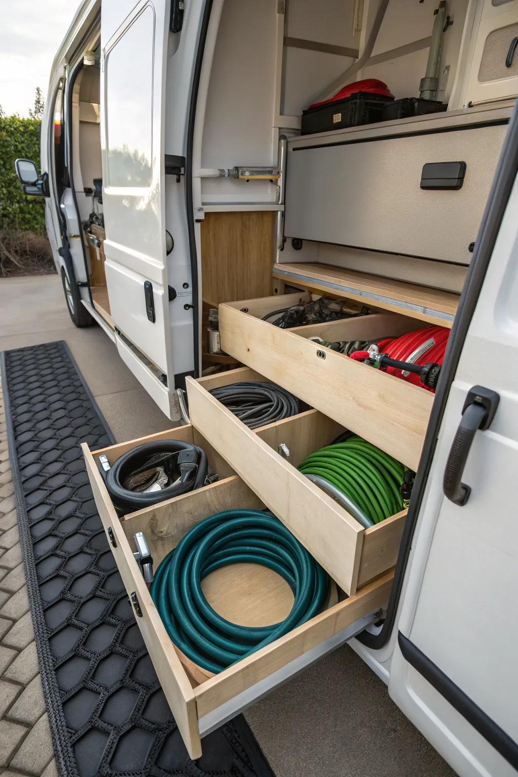 Hidden drawers offer discreet and effective hose storage solutions.