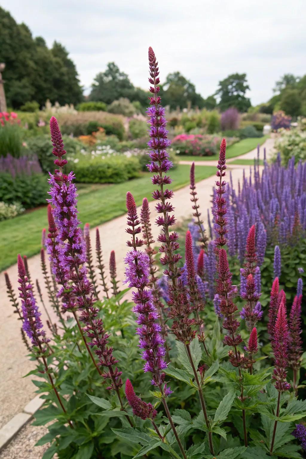 Tall salvia varieties adding height and drama to the garden.