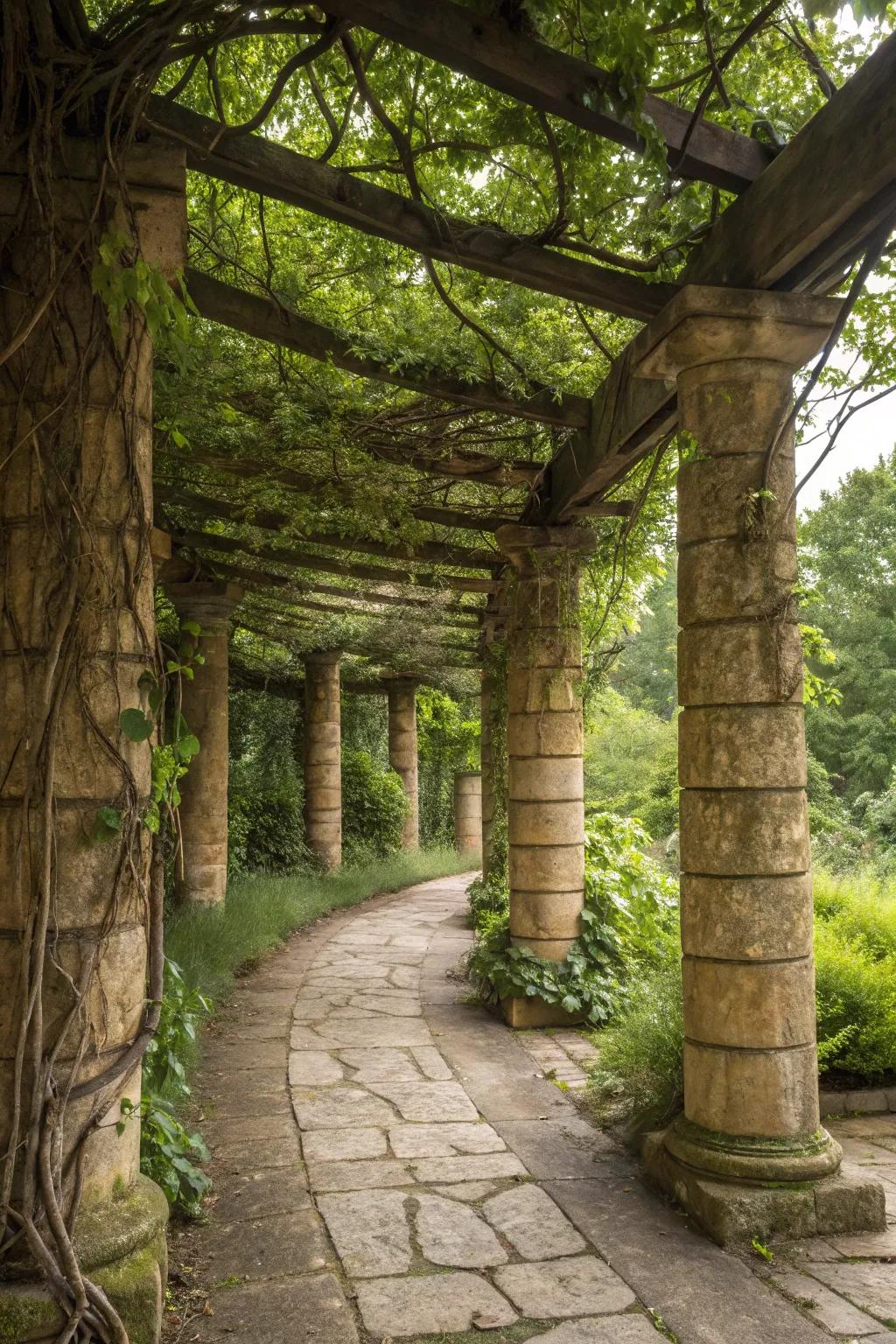 A shaded retreat with sandstone pillars and lush vines.