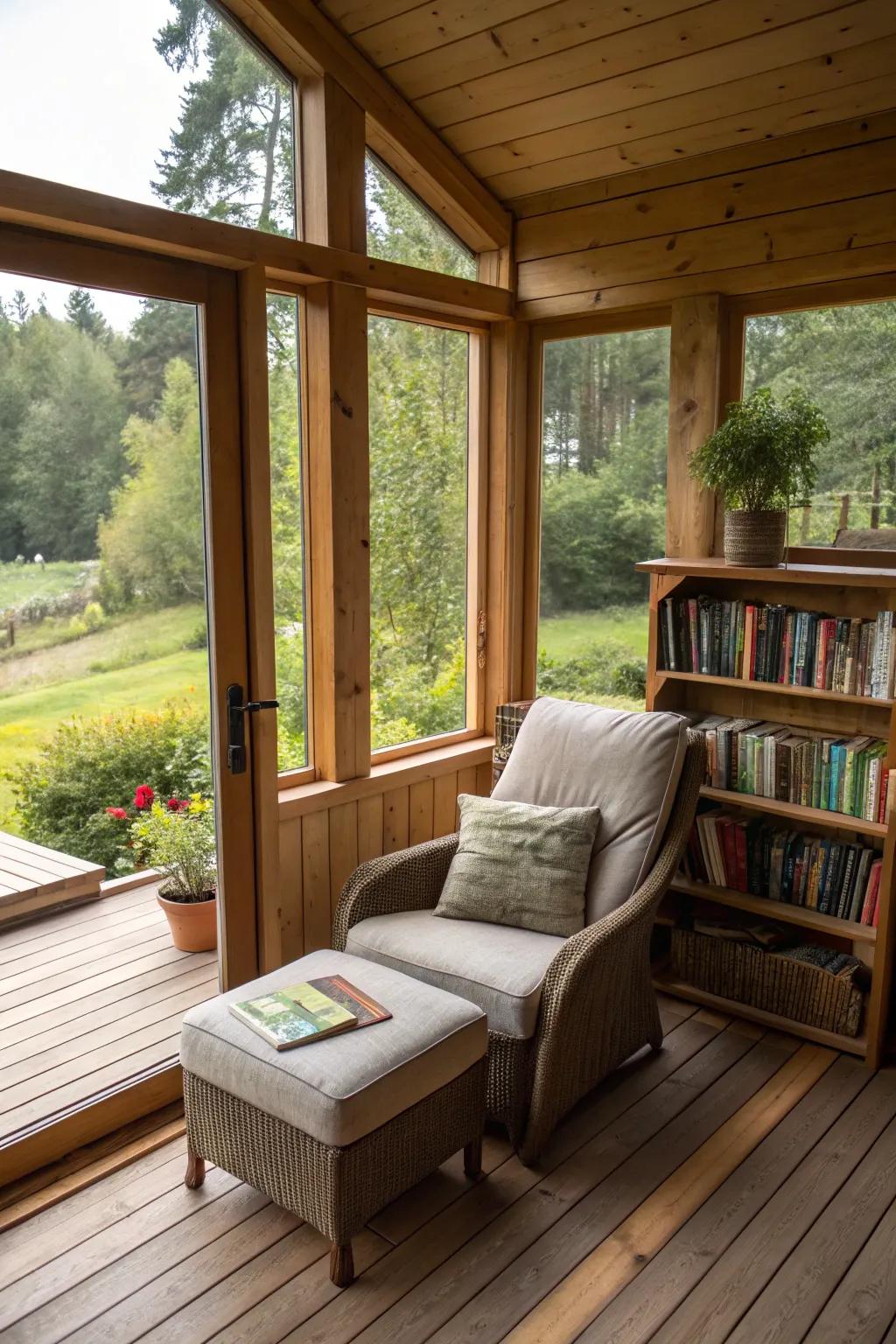 A reading nook offers a peaceful escape on your sauna deck.