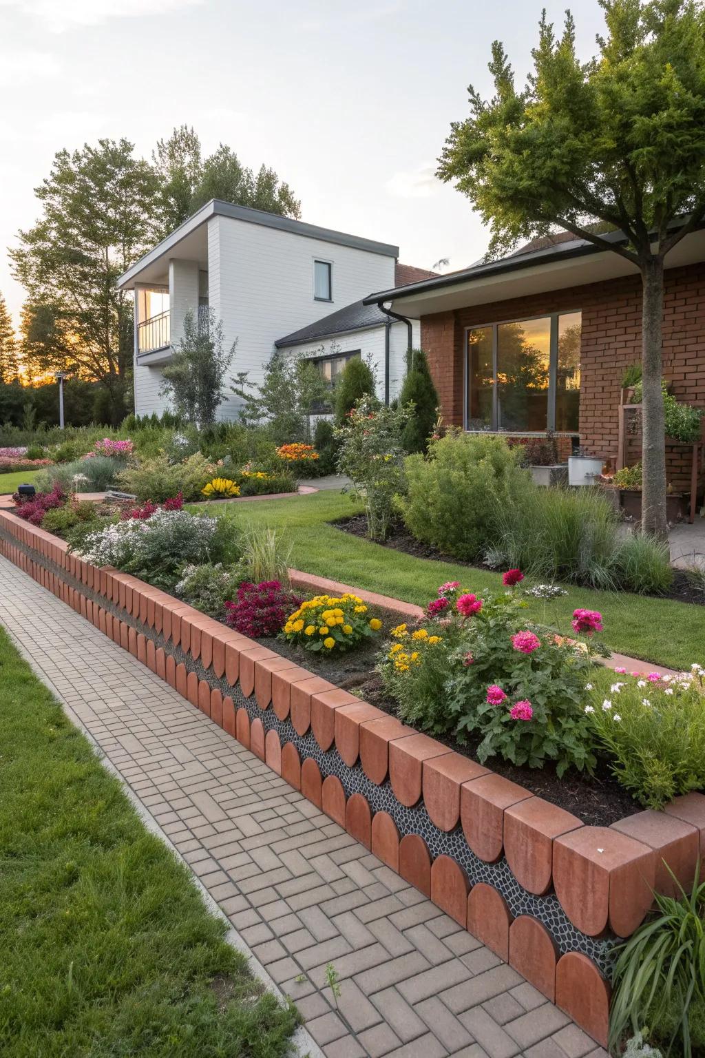 Modern garden with color-blocked scalloped bricks.