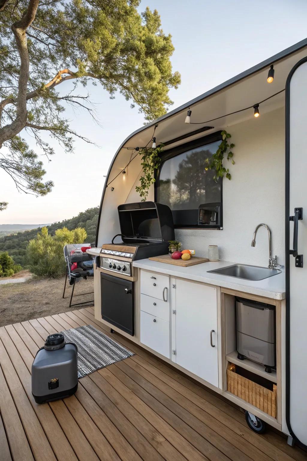 A camper deck with a convenient outdoor kitchenette setup.