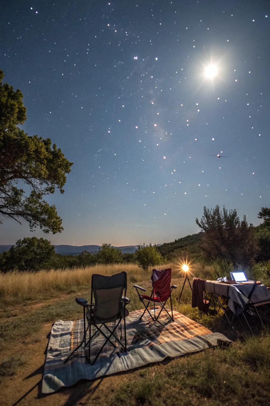 A serene stargazing setup at the campsite.