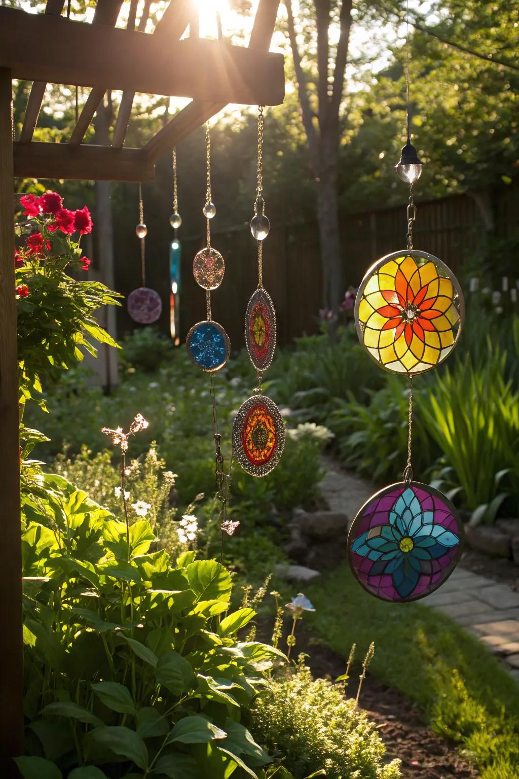 Sun-catchers add a magical touch with light and color in the garden.