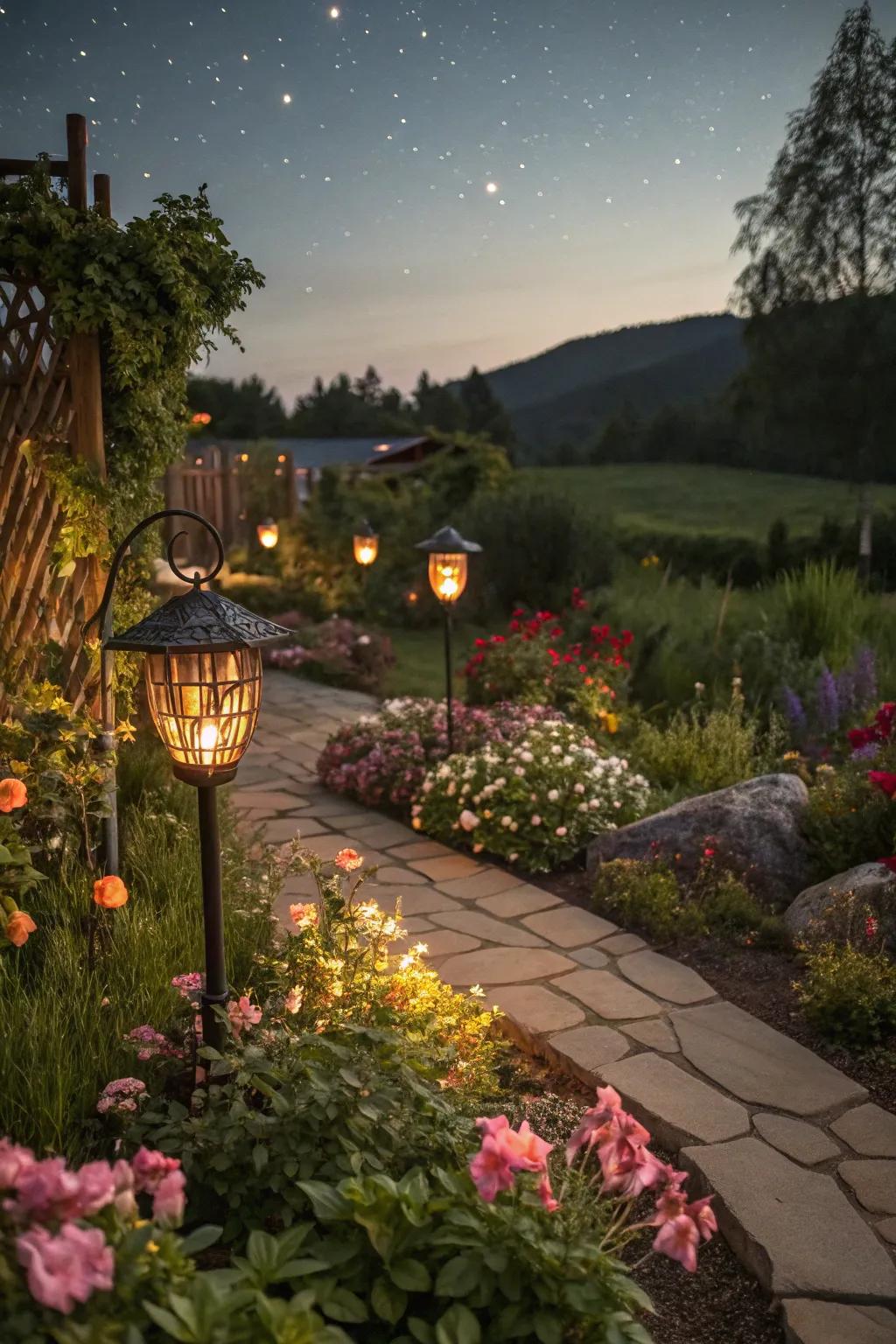 Playful garden lighting creating an enchanting evening atmosphere.