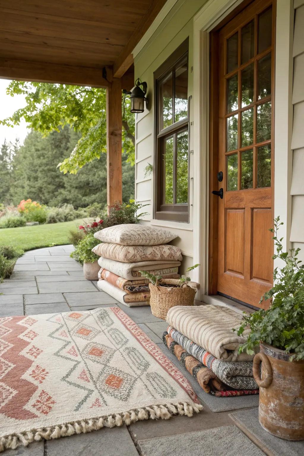 Layered rugs provide comfort and style to a shabby chic porch.
