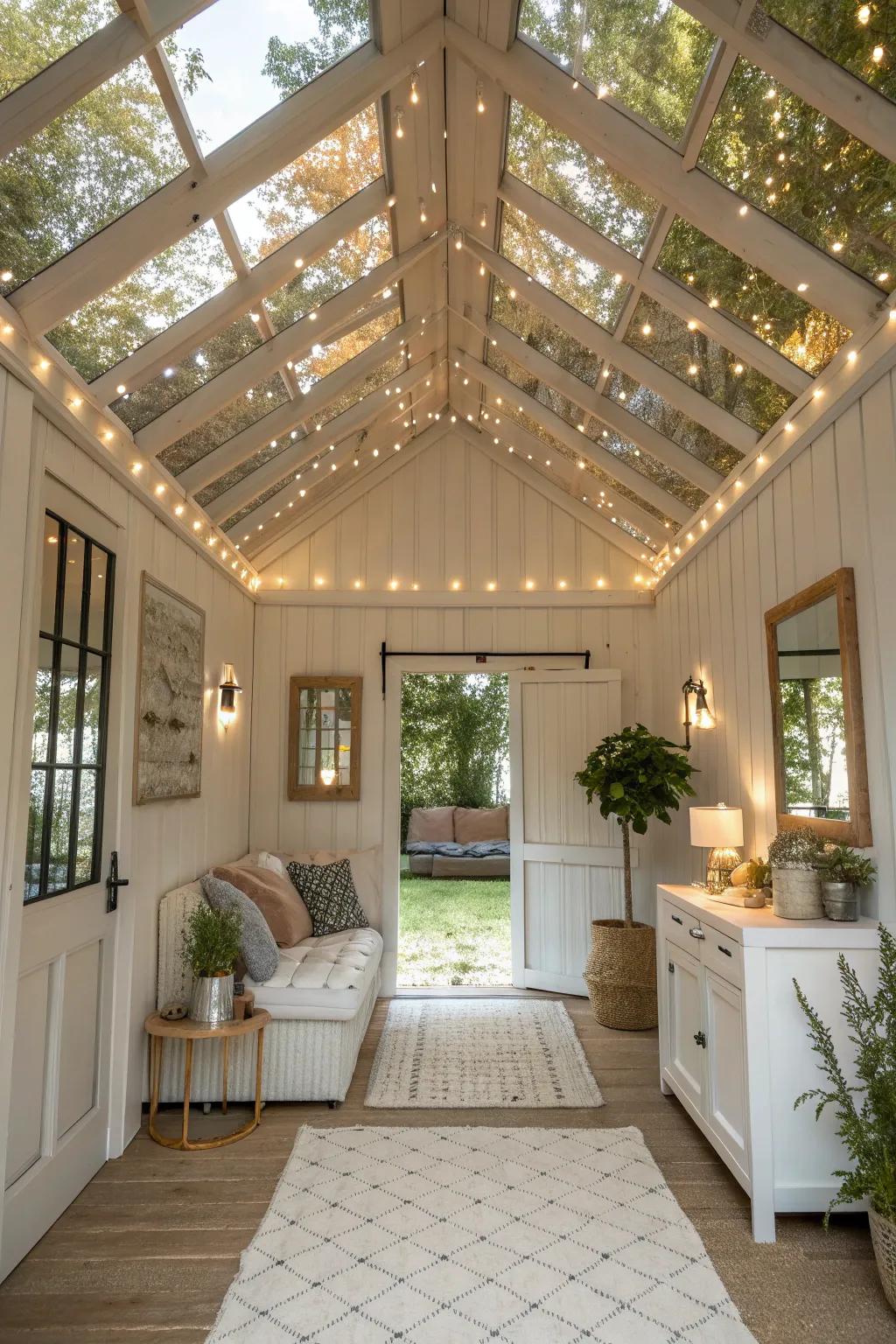 A she shed with reflective accent mirrors on the ceiling.
