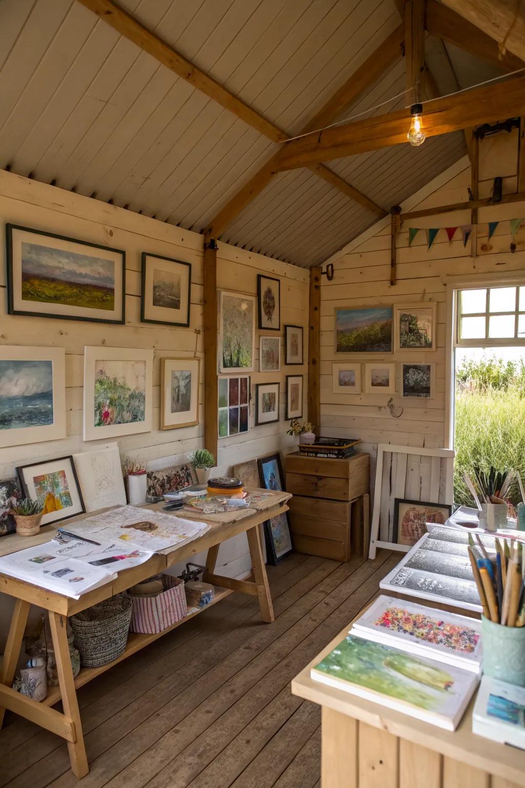 An inspiring art studio inside a shed cabin