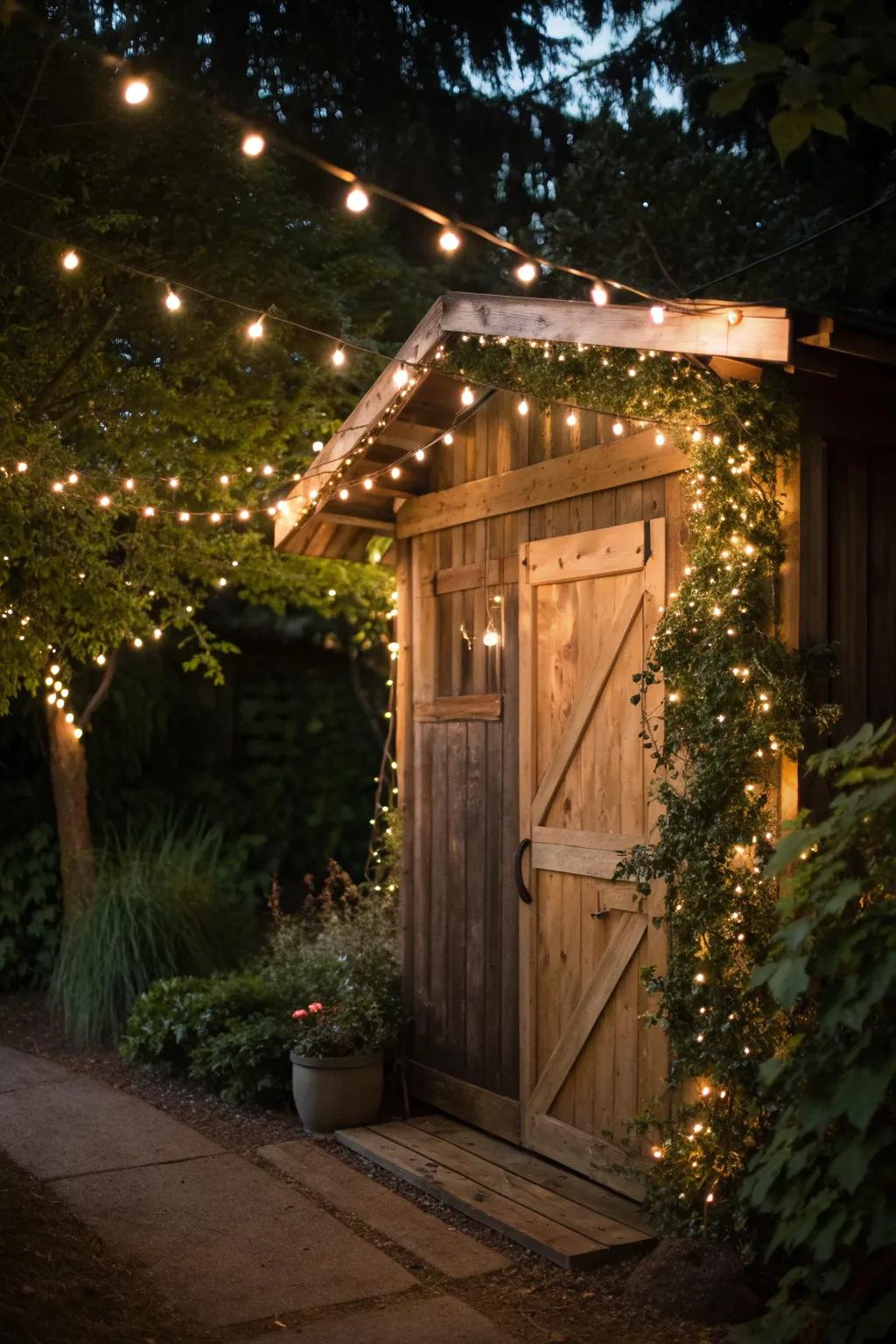 Fairy lights that transform your shed entrance into a magical retreat.