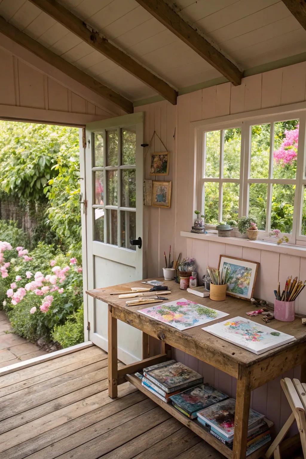 A shed transformed into a peaceful creative studio.