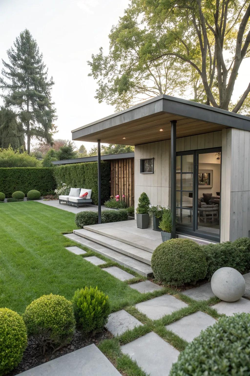 Shed with a minimalist concrete porch roof in a modern garden setting.