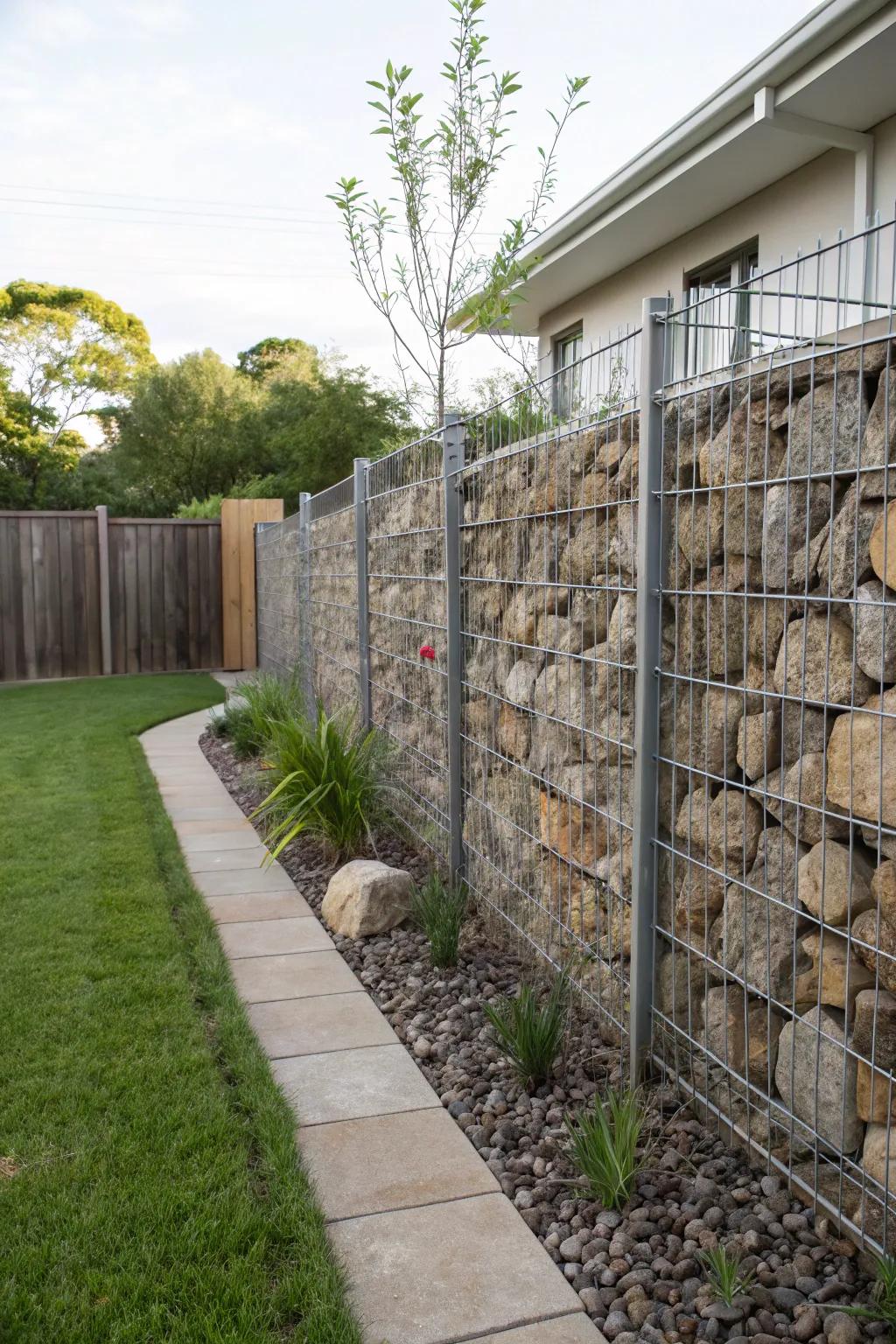 Stone gabions offer a unique and sturdy fencing solution.