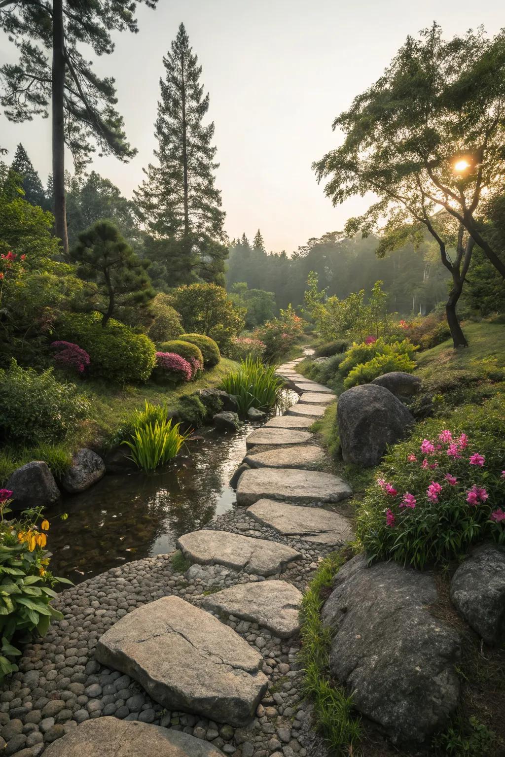 River rock pathways offer texture and tranquility.