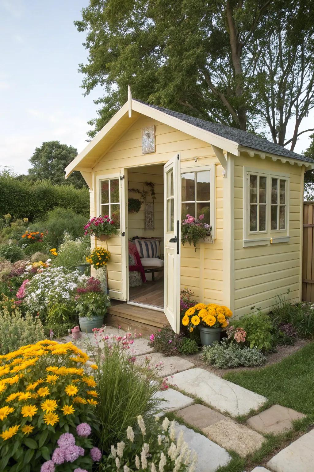 Pastel yellow siding brings brightness and cheer to this studio.
