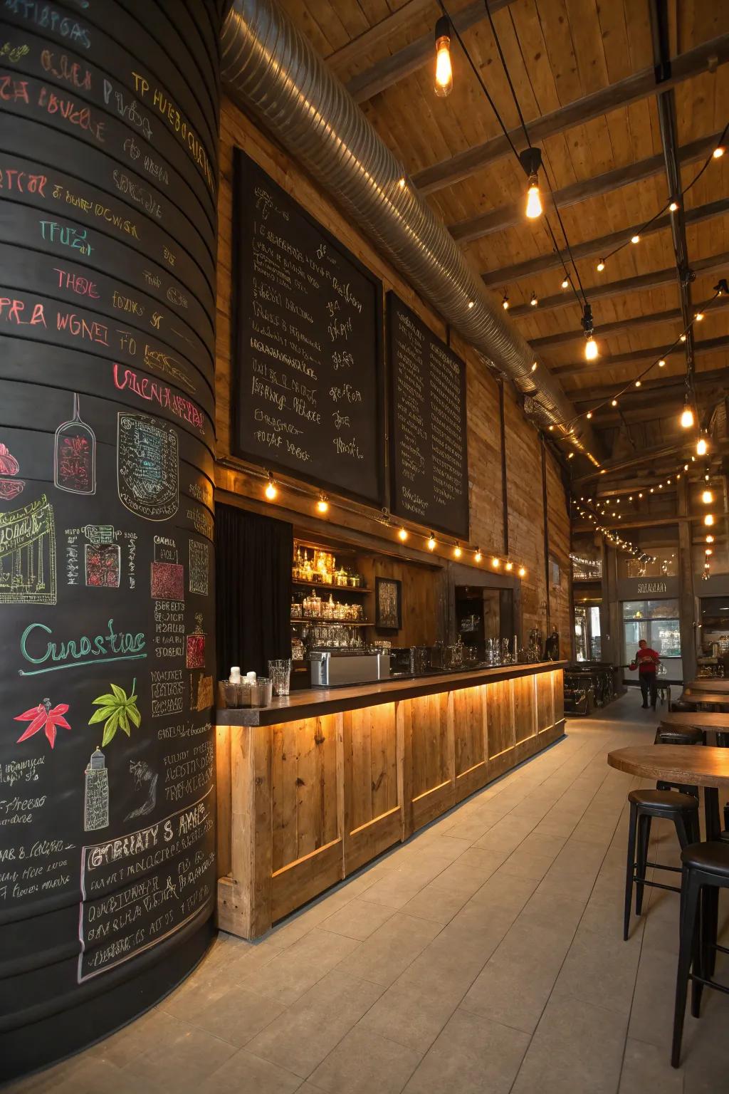 A chalkboard wall in a silo bar for interactive guest messages and drawings.