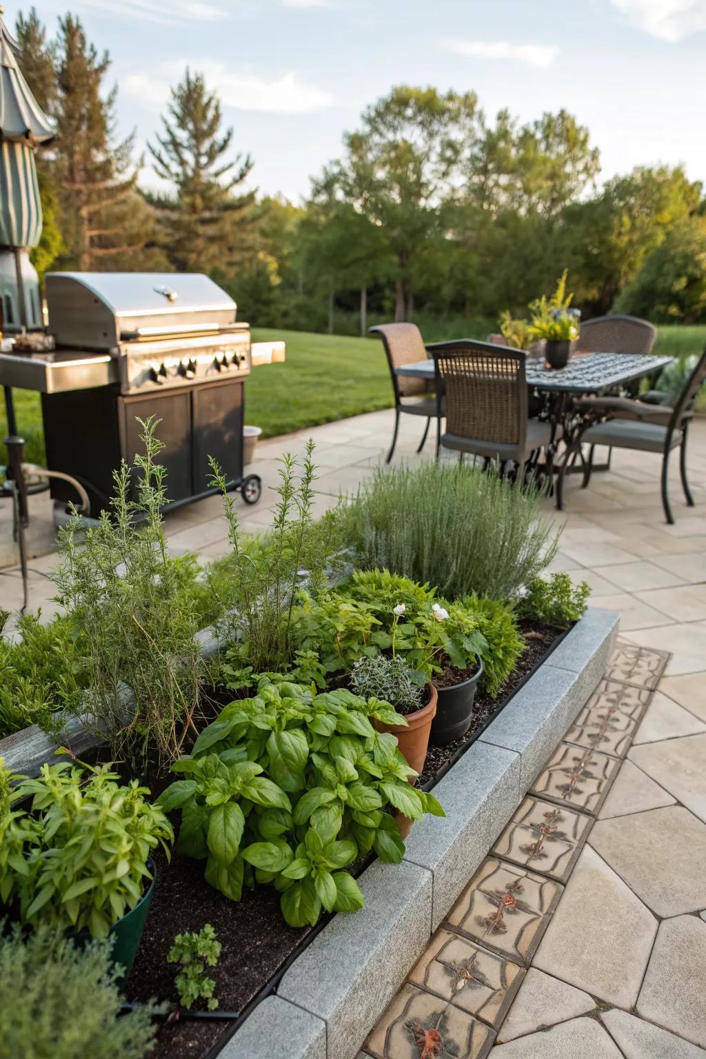 An integrated herb garden brings fresh flavors right to your BBQ area.