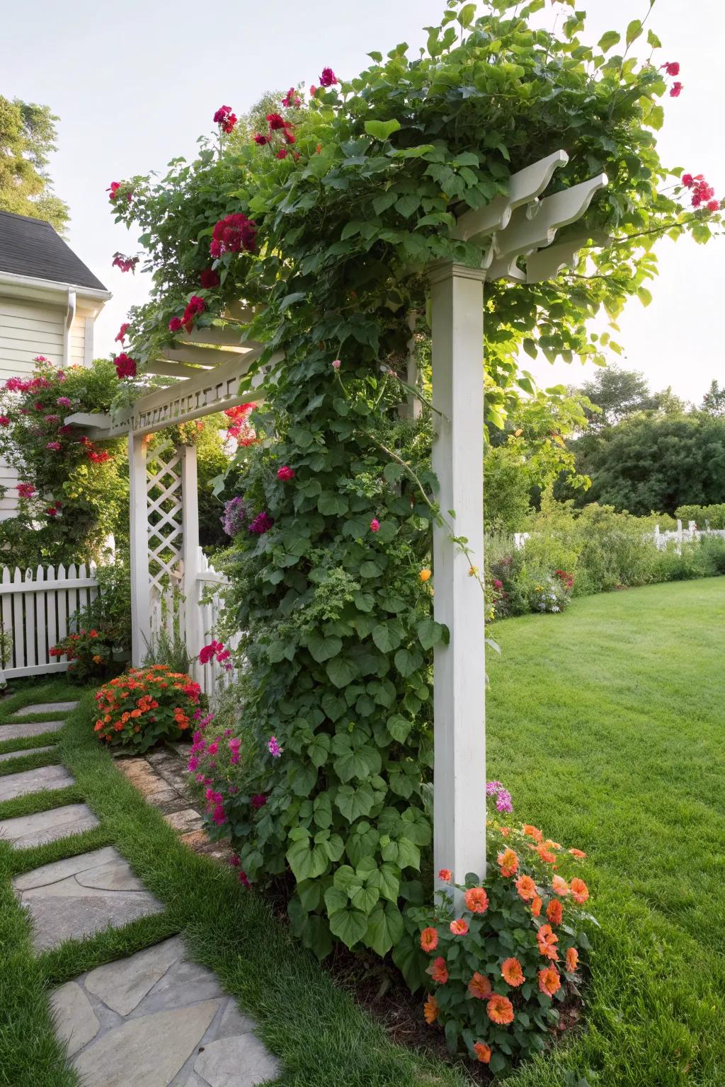 Trellises with climbing plants create living walls.