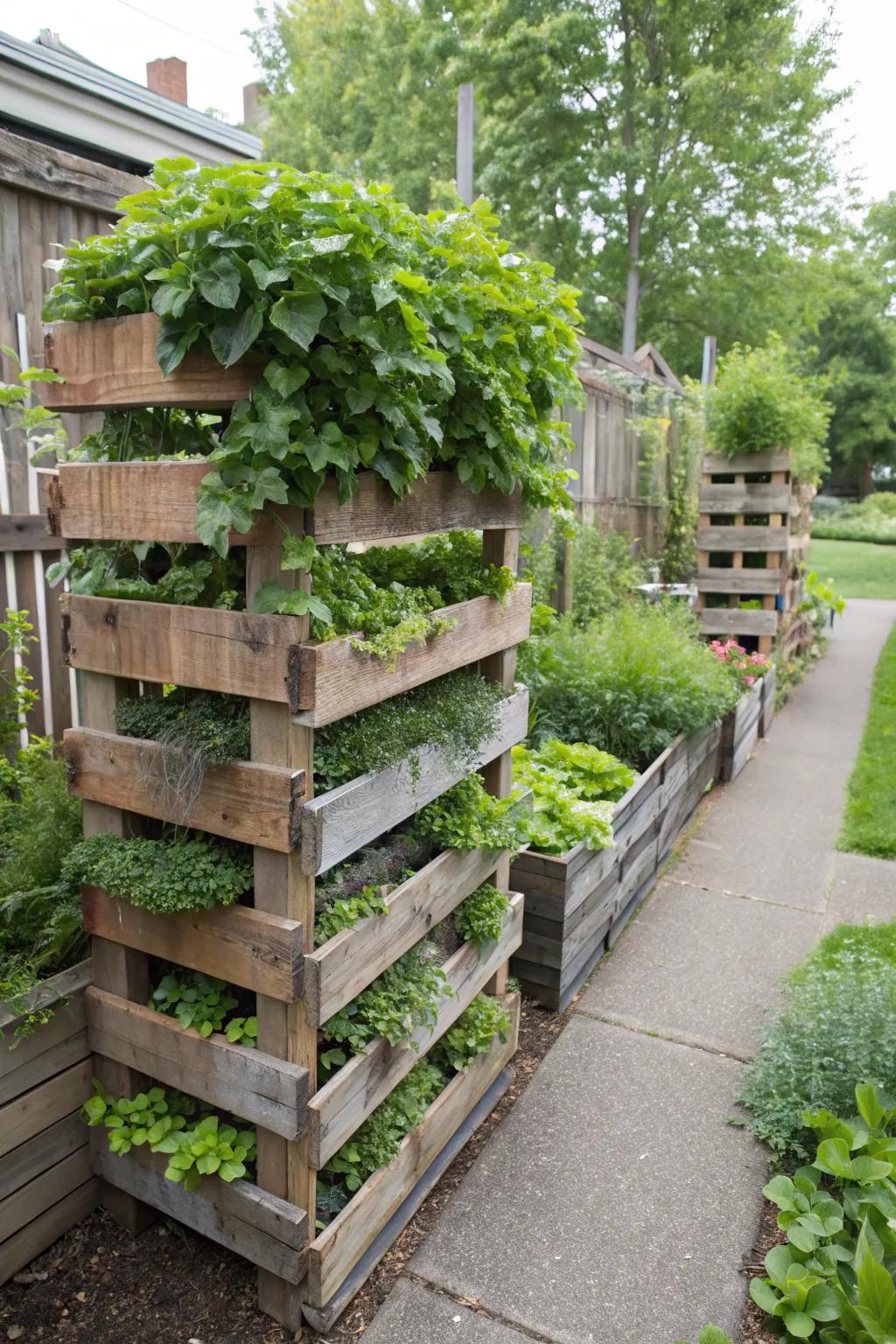 Combine privacy and greenery with vertical planters made from pallets.