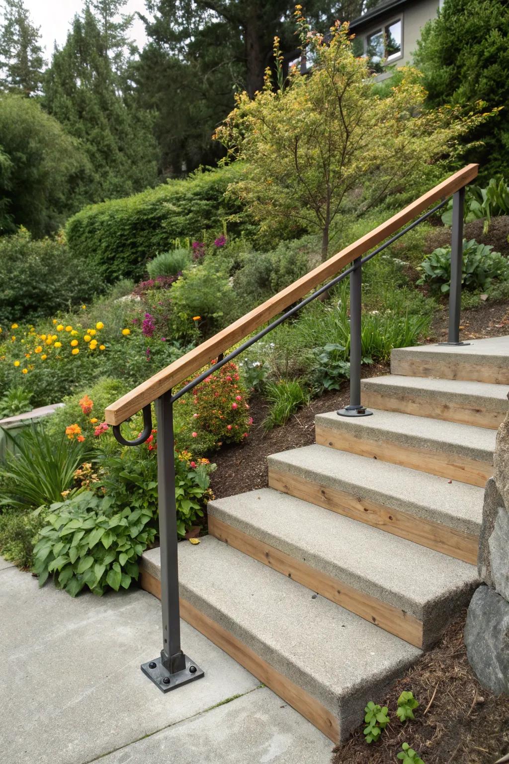 A dual material handrail combines wood and metal for a stylish finish.