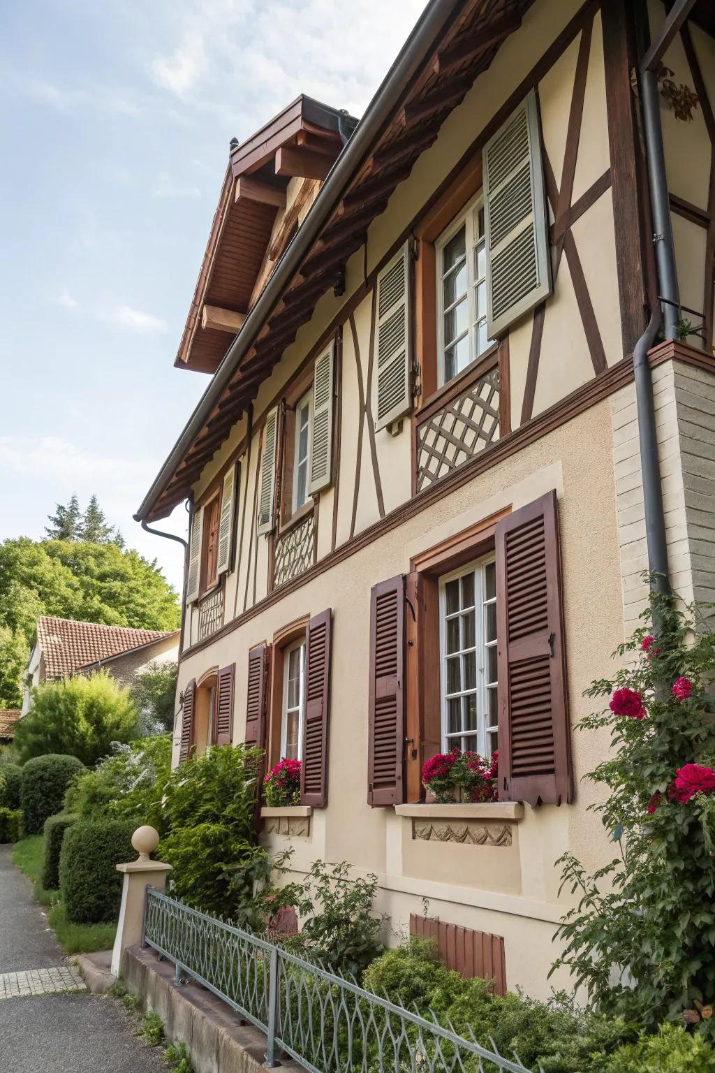 Charming house exterior with decorative shutters