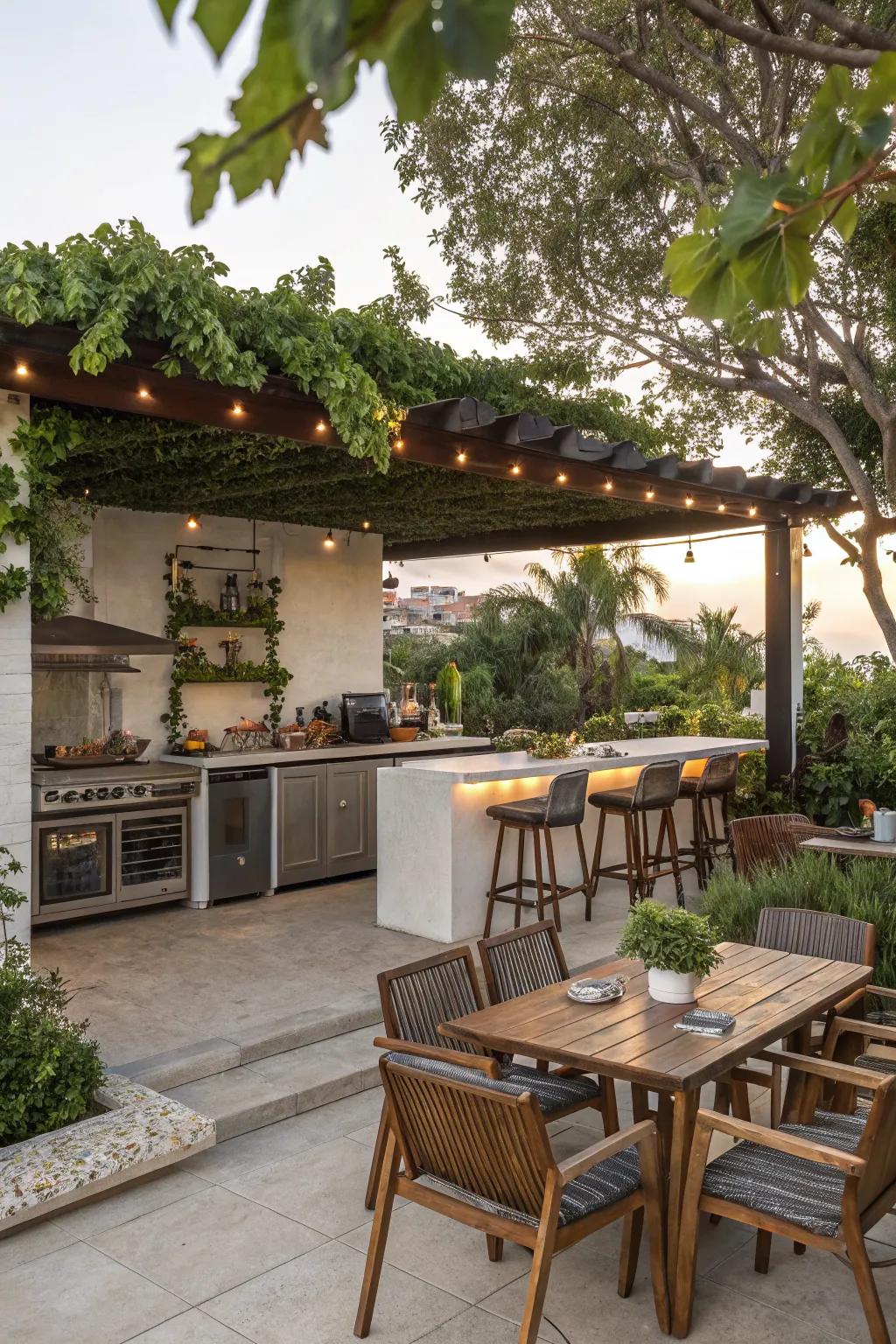 A seamless outdoor kitchen and bar setup, ideal for entertaining.