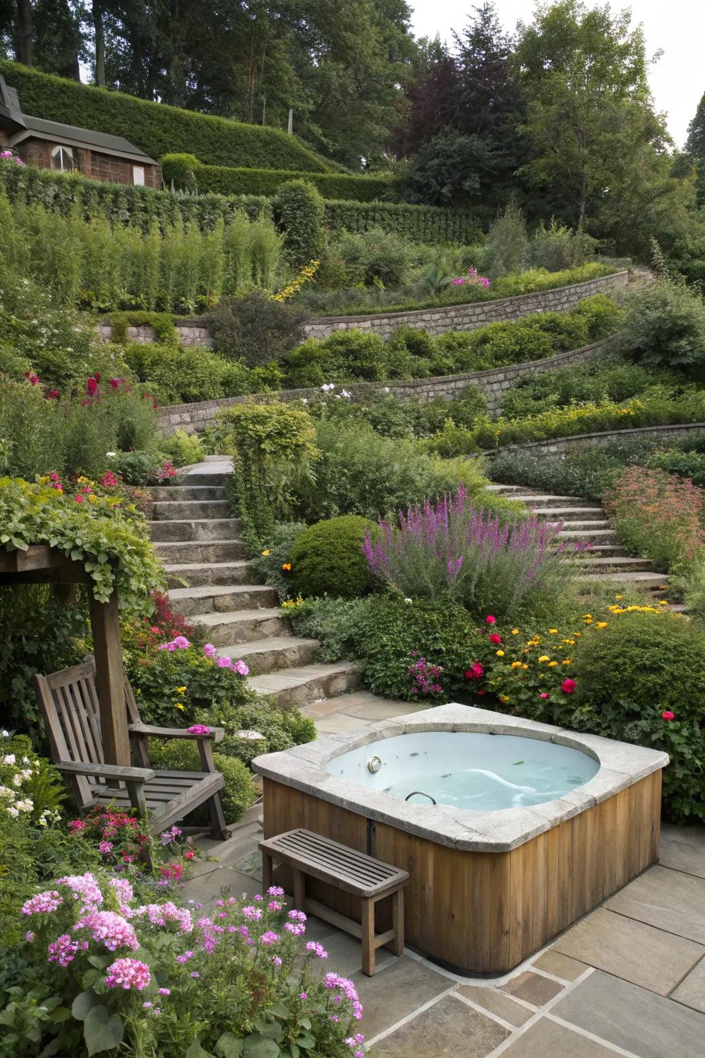 A luxurious hot tub nestled in a tiered garden setting.