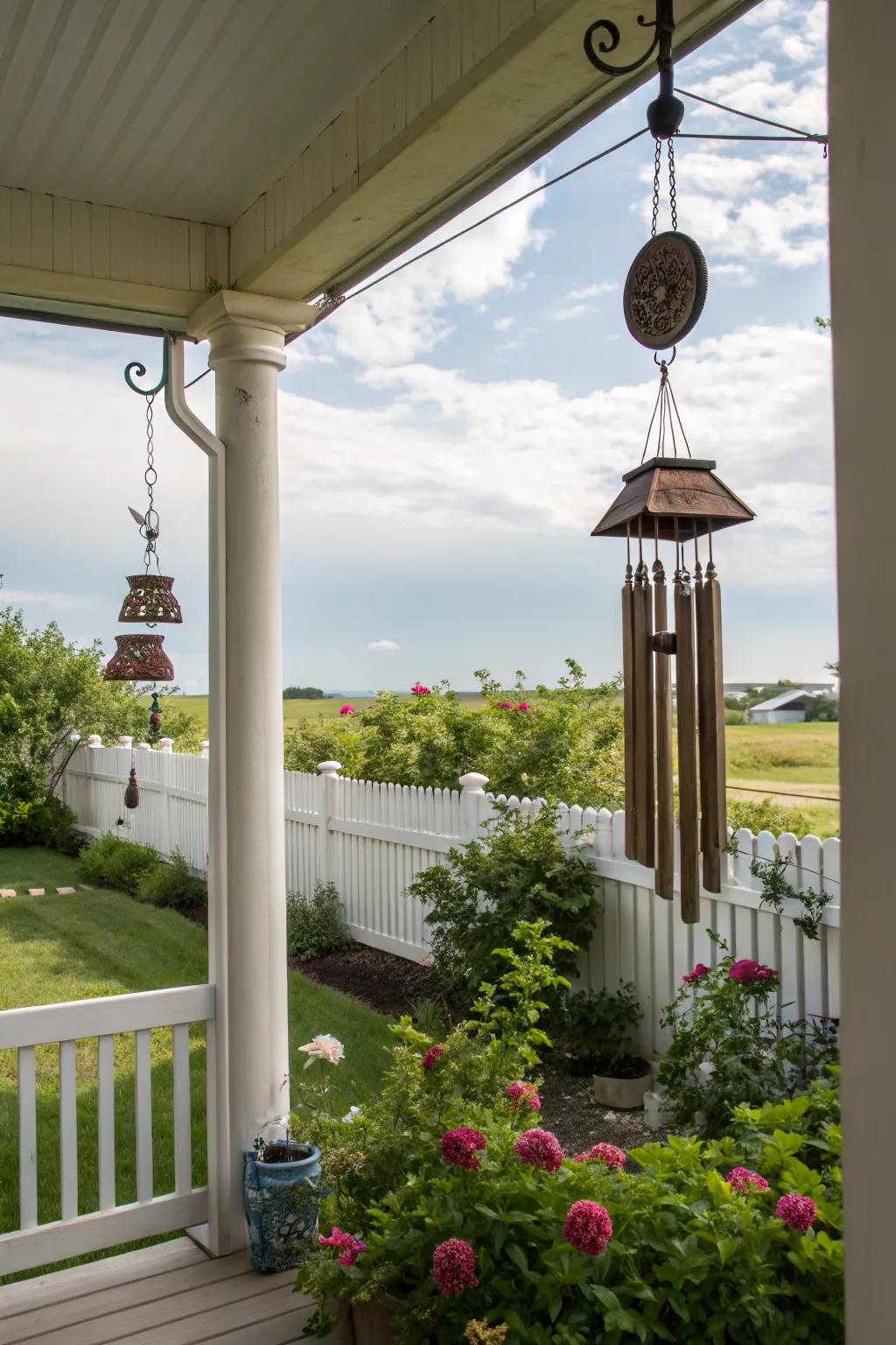 Wind chimes on the porch create a soothing and tranquil soundscape.