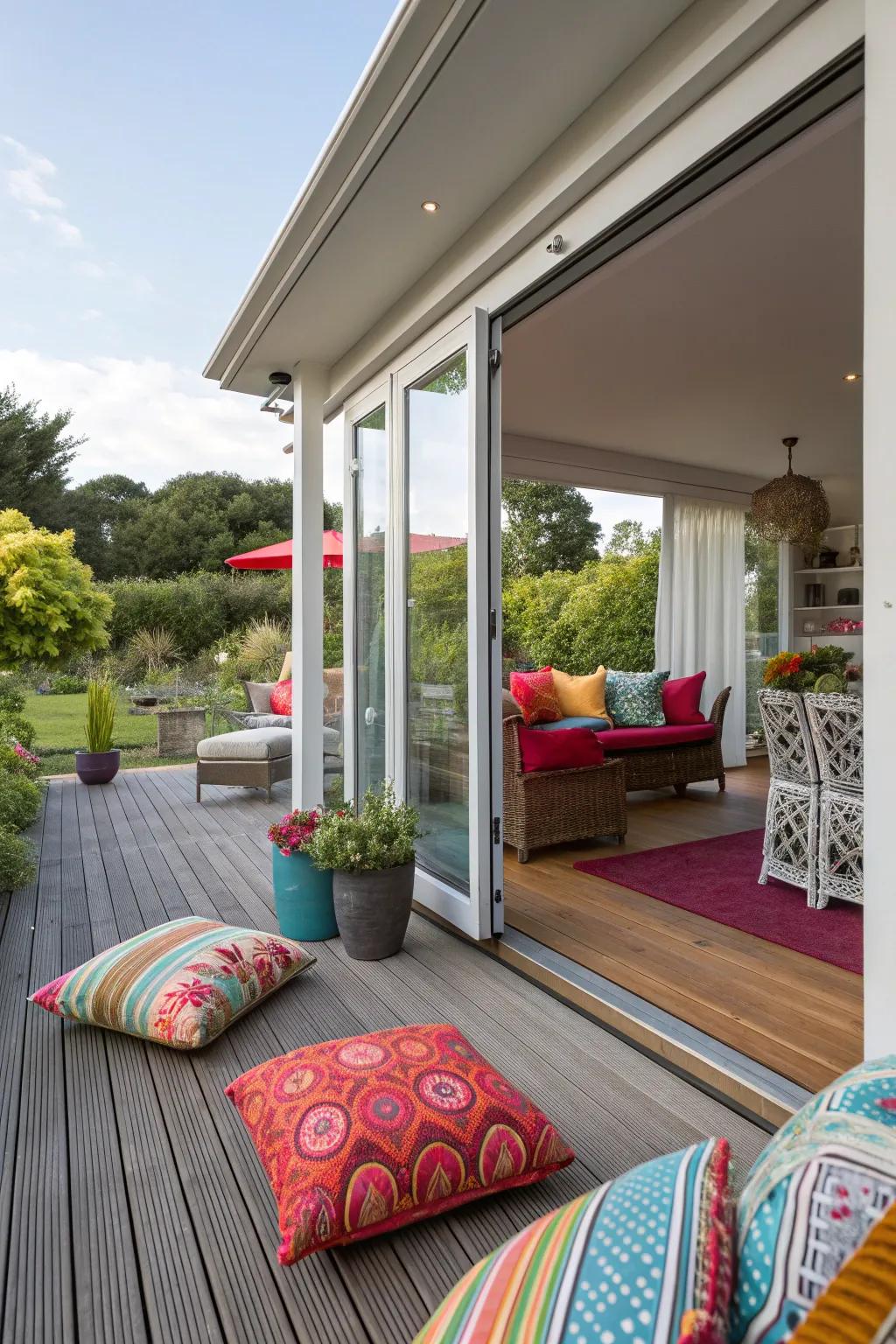 Bold cushions and colorful decor add a fun pop of color to a deck.