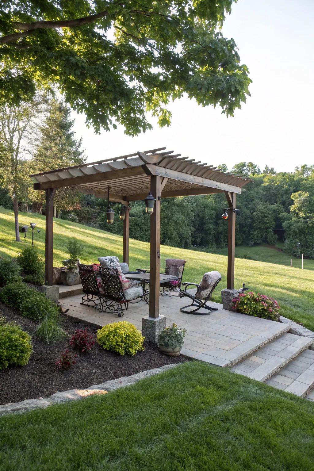 Pergolas offer a shaded retreat in sloped gardens.